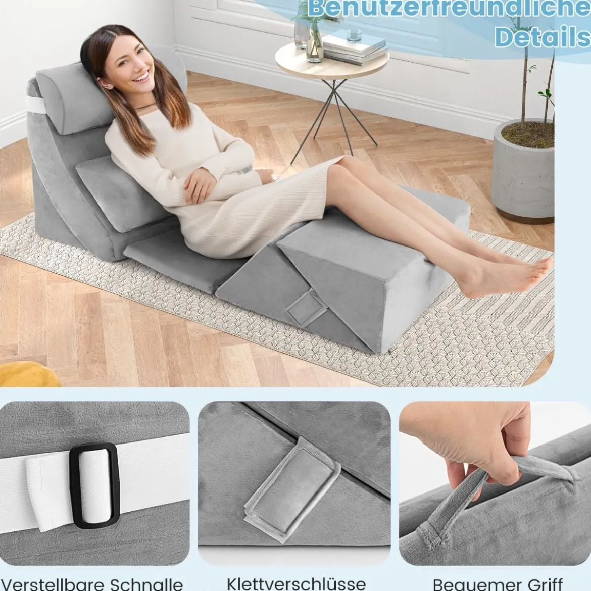 7-teiliges Orthopädisches Keilkissen-Set mit Waschbarem Bezug Verstellbares Bettkeilkissen Grau