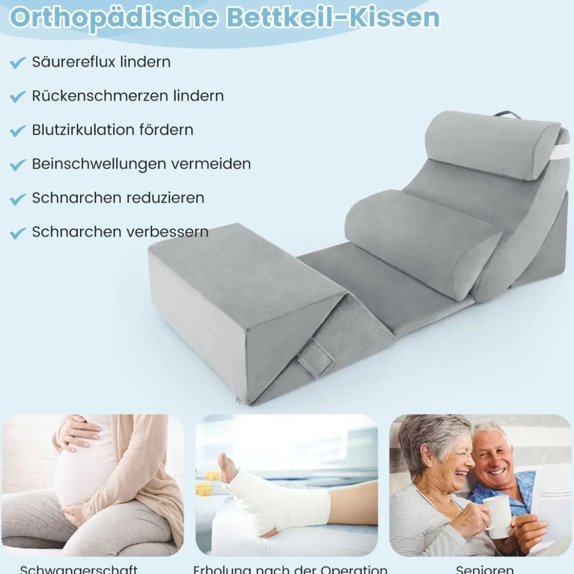 7-teiliges Orthopädisches Keilkissen-Set mit Waschbarem Bezug Verstellbares Bettkeilkissen Grau