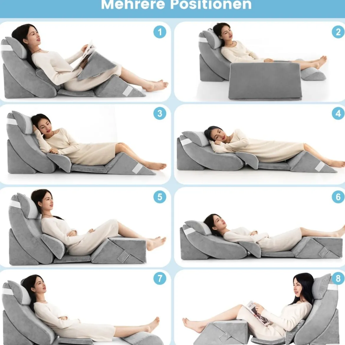 7-teiliges Orthopädisches Keilkissen-Set mit Waschbarem Bezug Verstellbares Bettkeilkissen Grau