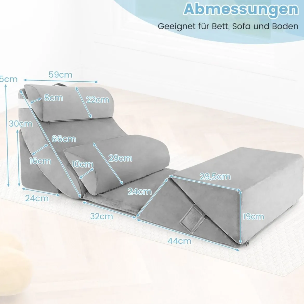 7-teiliges Orthopädisches Keilkissen-Set mit Waschbarem Bezug Verstellbares Bettkeilkissen Grau