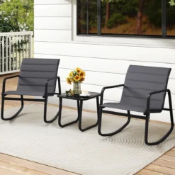 3-teiliges Outdoor Schaukel-Bistro-Set 2 Schaukelstühlen mit gehärtetem Glastisch Verandastühle Grau