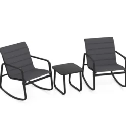 3-teiliges Outdoor Schaukel-Bistro-Set 2 Schaukelstühlen mit gehärtetem Glastisch Verandastühle Grau
