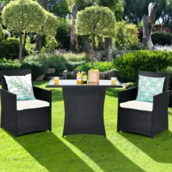 3-teiliges Patio Ess-Set Platzsparendes PE-Rattan Bistro Set mit Tischplatte