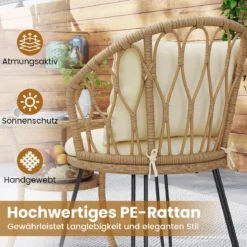 3-teiliges PE Rattan Bistro-Set für die Terrasse Outdoor-Set mit Kissen und 2-stöckigem Tisch Beige
