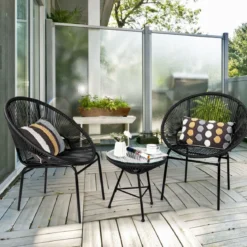 3-teiliges PE Rattan Möbelset Bistro-Set mit Tisch aus Hartglas für Terrasse 72,5 x 65,5 x 82,5 cm Schwarz