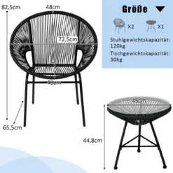 3-teiliges PE Rattan Möbelset Bistro-Set mit Tisch aus Hartglas für Terrasse 72,5 x 65,5 x 82,5 cm Schwarz