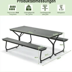 3-teiliges Picknicktisch & Bank-Set mit Holzähnlicher Textur für 8 Personen Grau