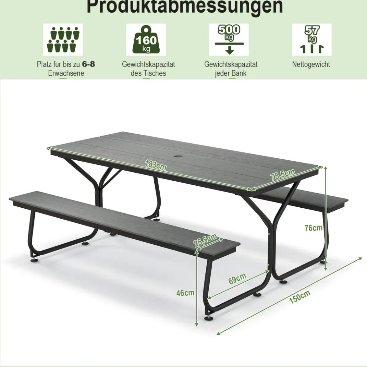 3-teiliges Picknicktisch & Bank-Set mit Holzähnlicher Textur für 8 Personen Grau