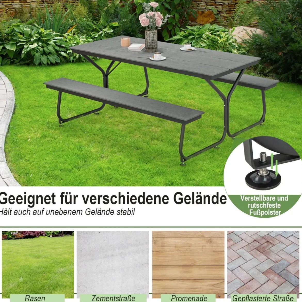 3-teiliges Picknicktisch & Bank-Set mit Holzähnlicher Textur für 8 Personen Grau
