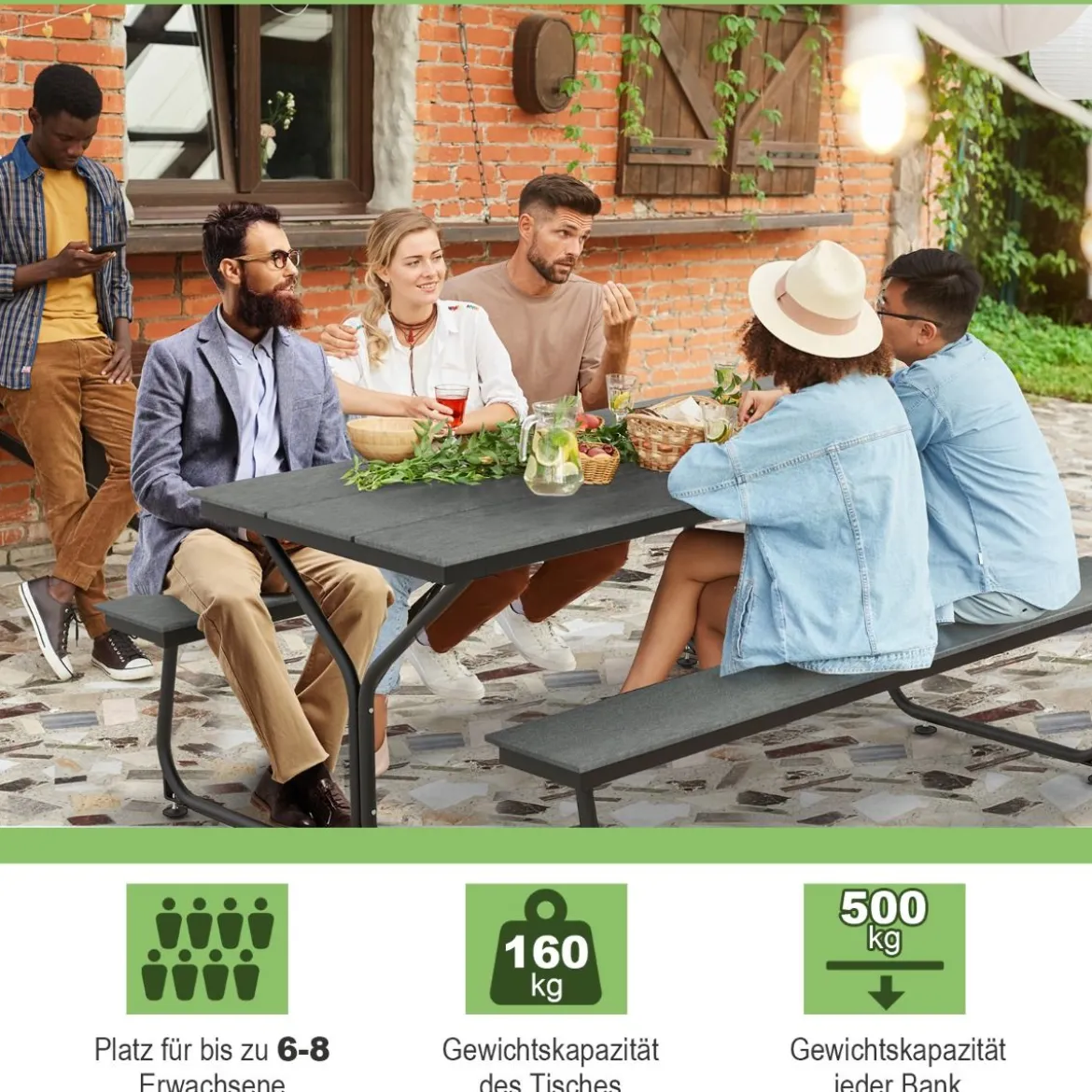 3-teiliges Picknicktisch & Bank-Set mit Holzähnlicher Textur für 8 Personen Grau