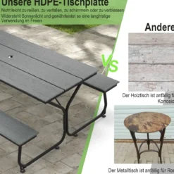 3-teiliges Picknicktisch & Bank-Set mit Holzähnlicher Textur für 8 Personen Grau
