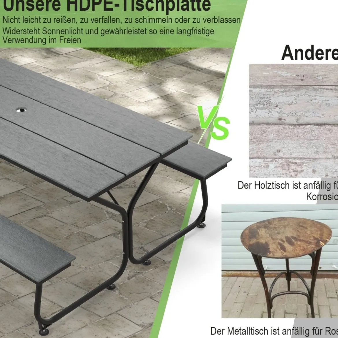 3-teiliges Picknicktisch & Bank-Set mit Holzähnlicher Textur für 8 Personen Grau