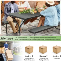 3-teiliges Picknicktisch & Bank-Set mit Holzähnlicher Textur für 8 Personen Grau