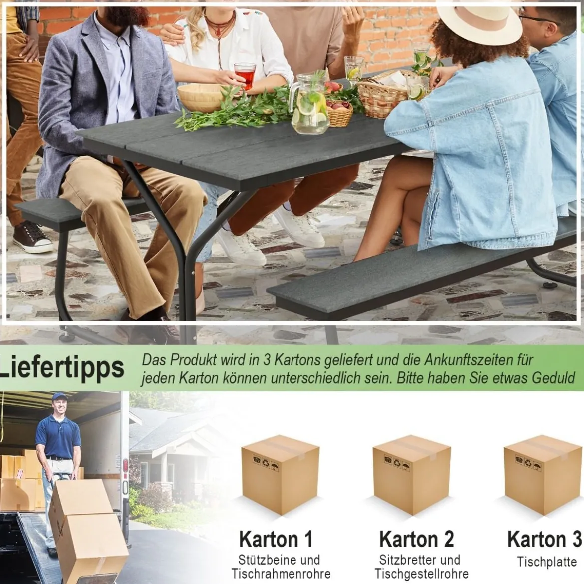 3-teiliges Picknicktisch & Bank-Set mit Holzähnlicher Textur für 8 Personen Grau