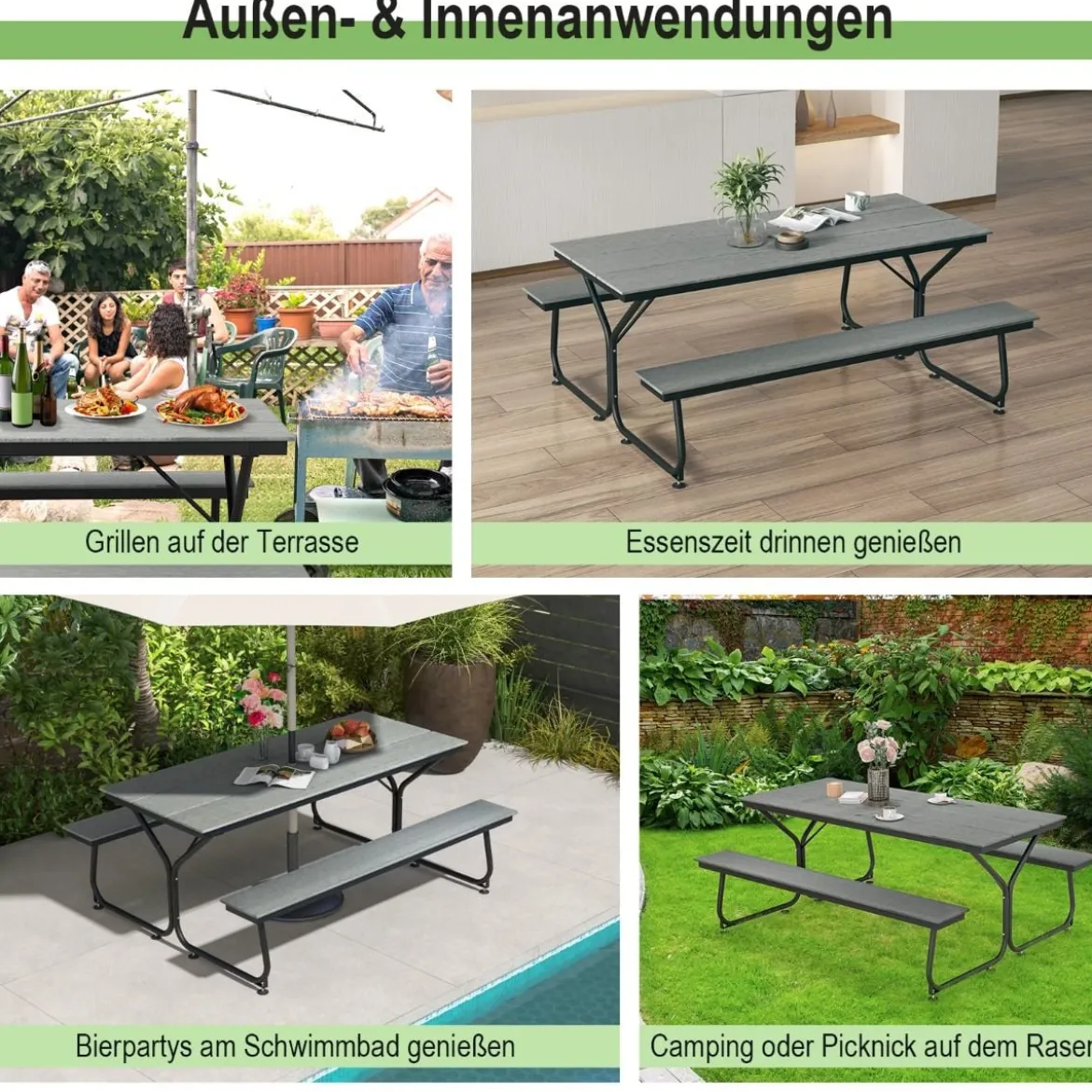 3-teiliges Picknicktisch & Bank-Set mit Holzähnlicher Textur für 8 Personen Grau