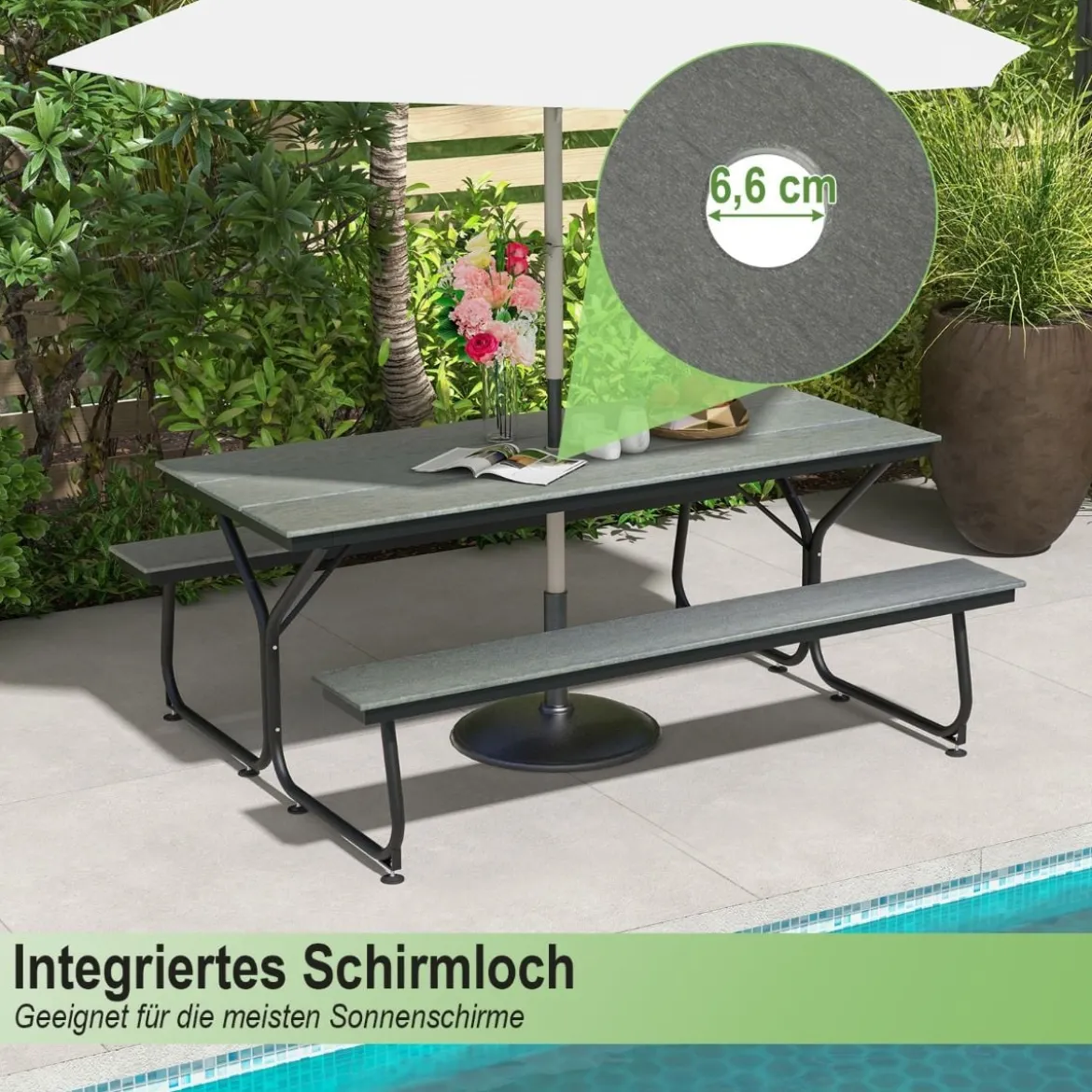 3-teiliges Picknicktisch & Bank-Set mit Holzähnlicher Textur für 8 Personen Grau