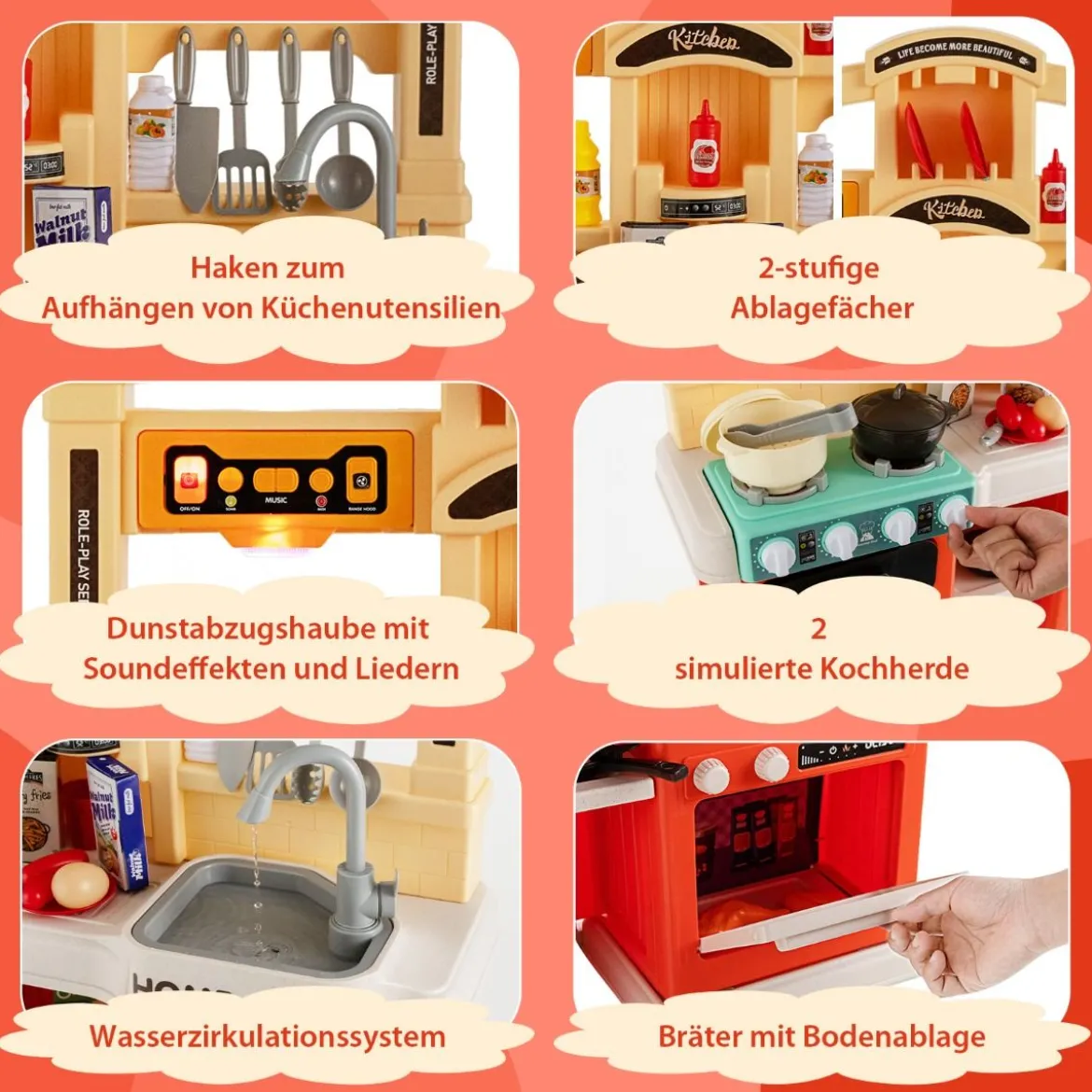 42-Teilige Spielküche Kinderküche mit Dampf- & Kocheffekten Orange 66 x 23 x 83 cm