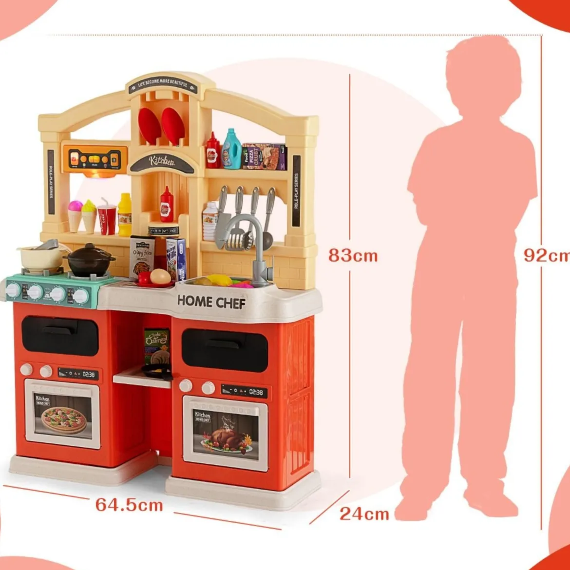 42-Teilige Spielküche Kinderküche mit Dampf- & Kocheffekten Orange 66 x 23 x 83 cm