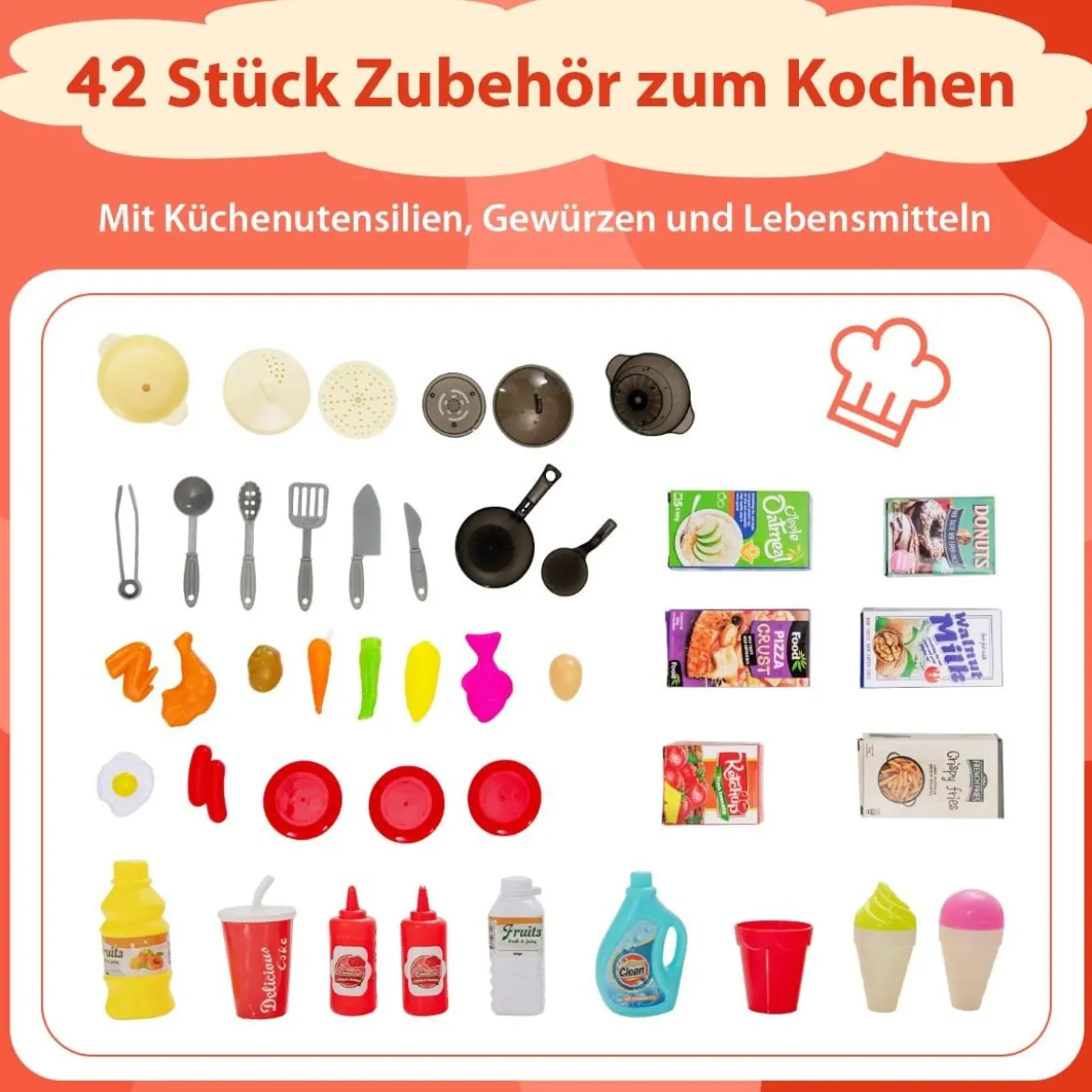 42-Teilige Spielküche Kinderküche mit Dampf- & Kocheffekten Orange 66 x 23 x 83 cm