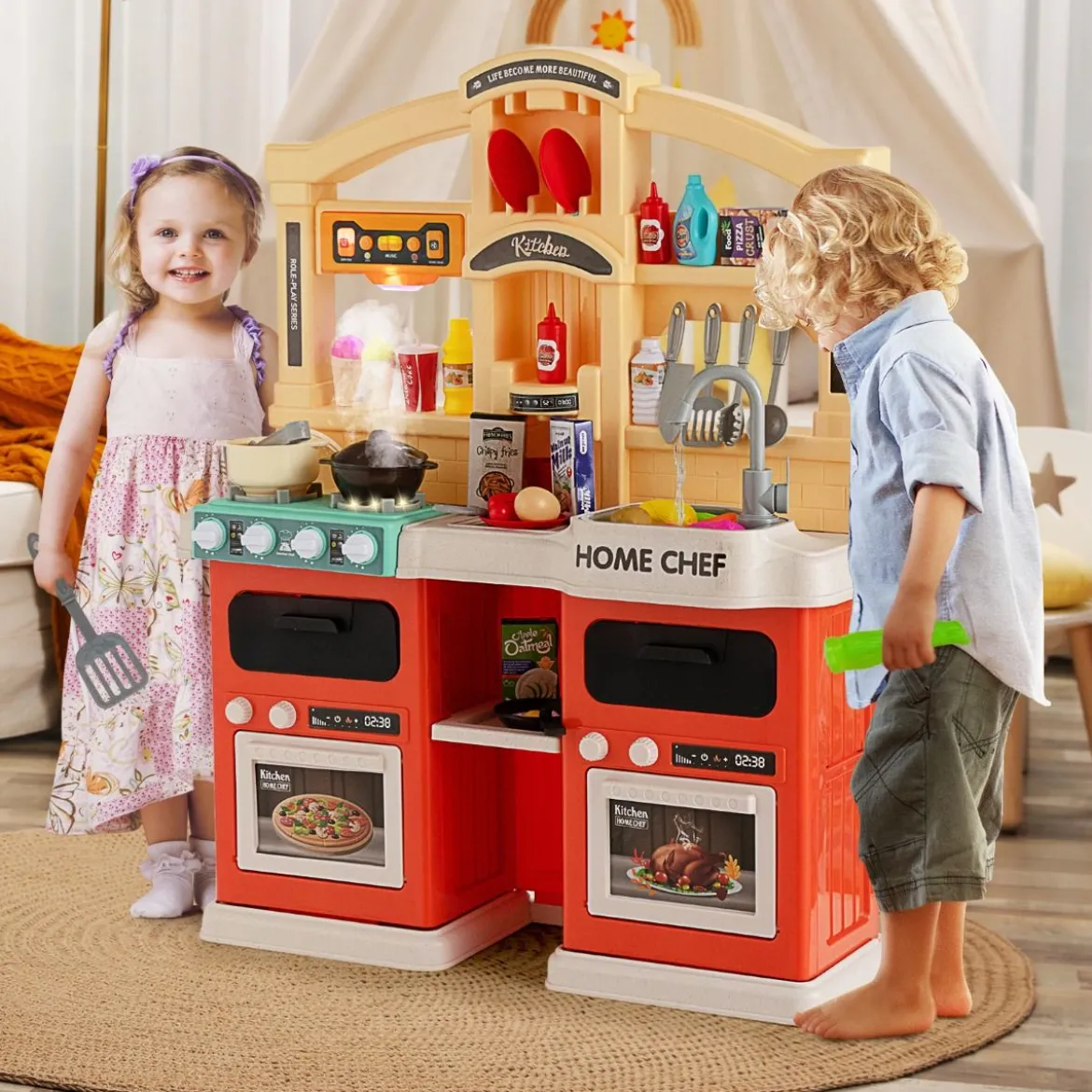 42-Teilige Spielküche Kinderküche mit Dampf- & Kocheffekten Orange 66 x 23 x 83 cm