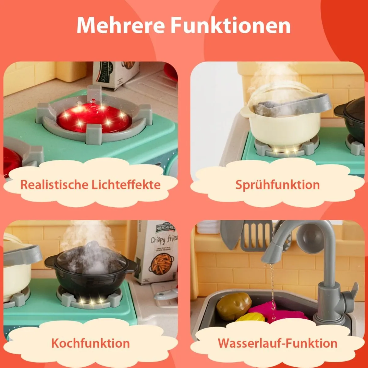 42-Teilige Spielküche Kinderküche mit Dampf- & Kocheffekten Orange 66 x 23 x 83 cm