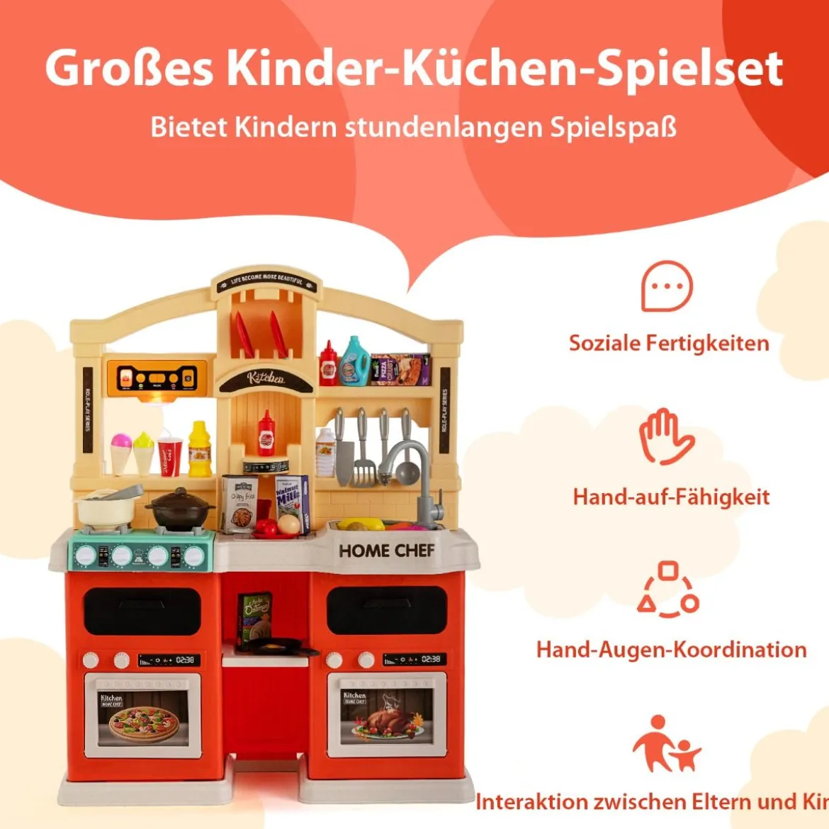 42-Teilige Spielküche Kinderküche mit Dampf- & Kocheffekten Orange 66 x 23 x 83 cm