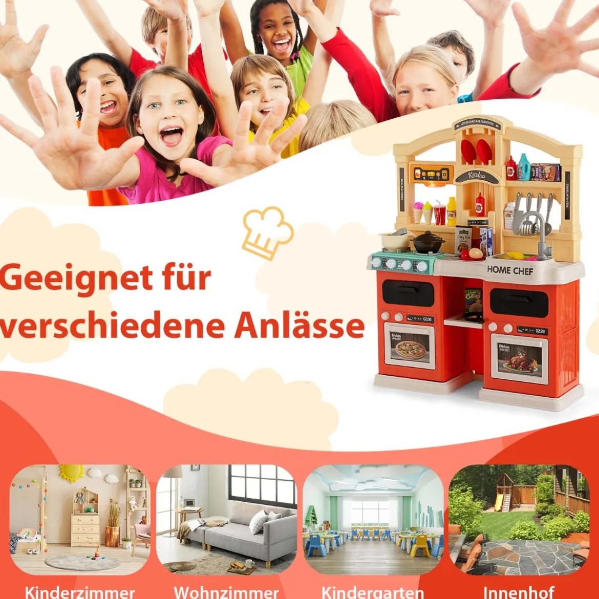 42-Teilige Spielküche Kinderküche mit Dampf- & Kocheffekten Orange 66 x 23 x 83 cm