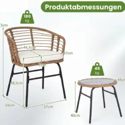 3-Teiliges Rattan Gartenmöbel Set Bistroset für 2 Personen Balkonmöbel mit Glastisch