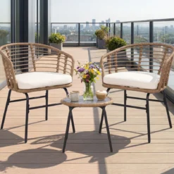3-Teiliges Rattan Gartenmöbel Set Bistroset für 2 Personen Balkonmöbel mit Glastisch