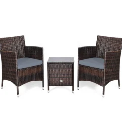 3-teiliges Rattanmöbel-Set Outdoor Rattan-Set mit Kissen Braun + Grau