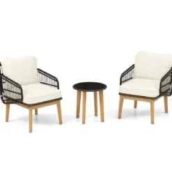 3-teiliges Rattan Terrassenmöbel Set Garten Sitzgarnitur 2 Korbstühle & Glas Beistelltisch & Kissen