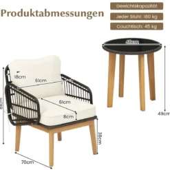 3-teiliges Rattan Terrassenmöbel Set Garten Sitzgarnitur 2 Korbstühle & Glas Beistelltisch & Kissen