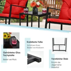 3-Teiliges Schaukel-Bistro-Set Outdoor-Geflechtmöbel-Set Rot