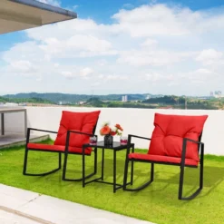 3-Teiliges Schaukel-Bistro-Set Outdoor-Geflechtmöbel-Set Rot
