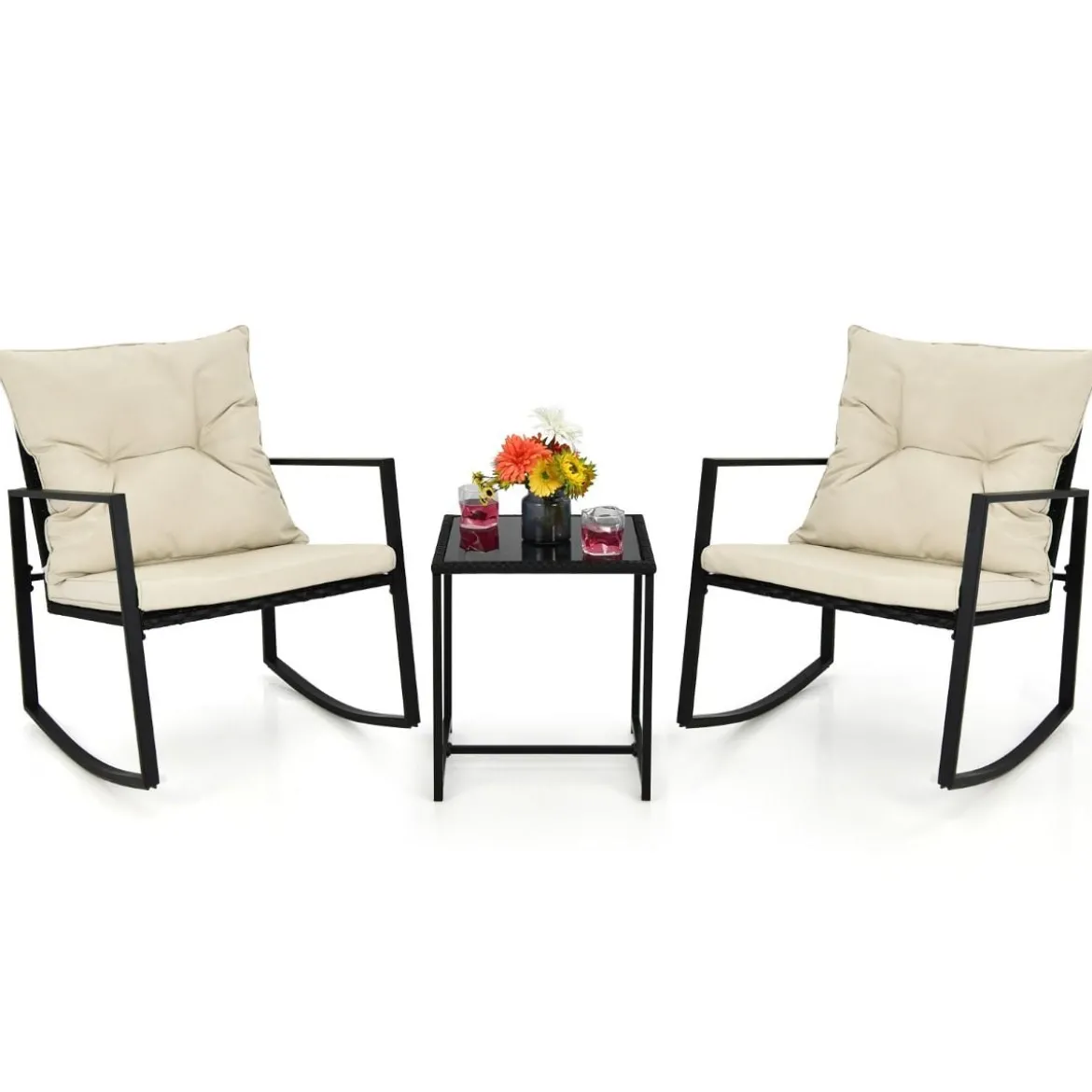 3-Teiliges Schaukel-Bistro-Set Outdoor-Geflechtmöbel-Set Beige