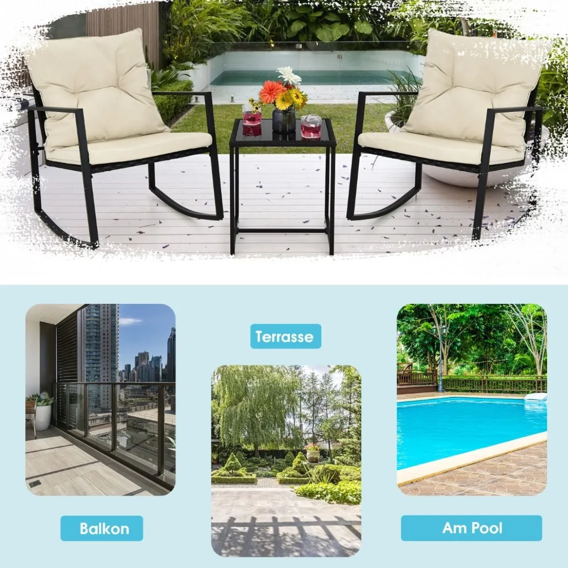3-Teiliges Schaukel-Bistro-Set Outdoor-Geflechtmöbel-Set Beige