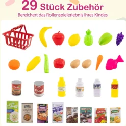 29-teiliges Supermarkt mit Einkaufswagen Kaufladen mit Waage & Scanner Kaufmannsladen Rosa