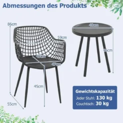 3-teiliges Terrassenmöbel-Set Bistrostühle und Beistelltisch mit Sitzflächen + Tischplatte aus PP Schwarz