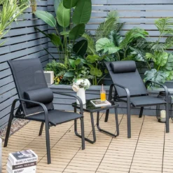 3-teiliges Terrassenmöbel-Set Couchtisch aus Hartglas und 2 stapelbare Stühle schwarz