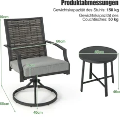 3-teiliges Terrassenmöbel-Set mit Kaffeetisch & Weichen Sitzkissen & Robustem Metallrahmen