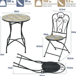 3-teiliges Terrassen-Set mit rundem Tisch und 2 Klappstühlen für Veranda Schwarz und Gelb