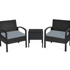 3-teiliges Terrassen-Set Outdoor-Rattan-Set mit Sitzkissen & Couchtisch modernes Möbel-Set Grau