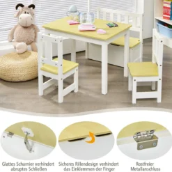 4-teiliges Tisch- und Stuhl-Set für Kinder 2 in 1 Set aus Holz für Kleinkinder Natur + Weiß