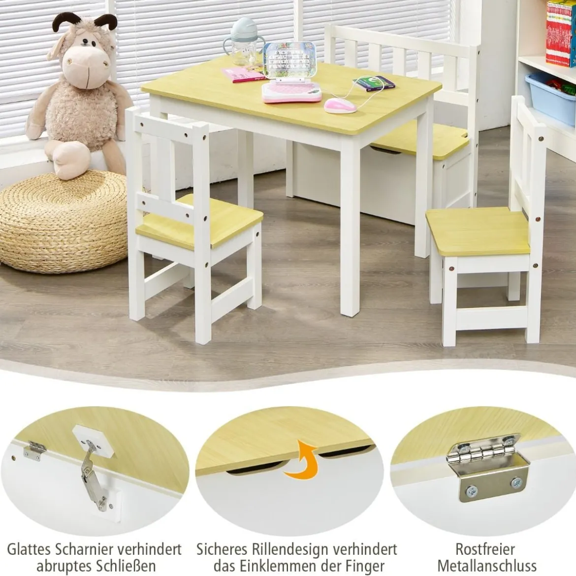 4-teiliges Tisch- und Stuhl-Set für Kinder 2 in 1 Set aus Holz für Kleinkinder Natur + Weiß
