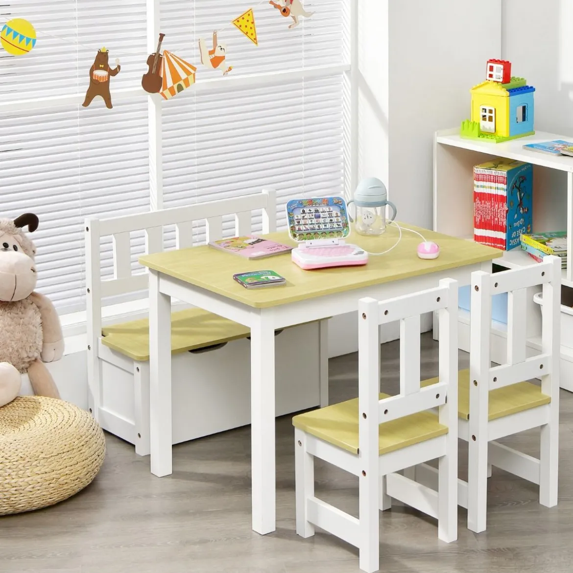 4-teiliges Tisch- und Stuhl-Set für Kinder 2 in 1 Set aus Holz für Kleinkinder Natur + Weiß