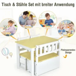 4-teiliges Tisch- und Stuhl-Set für Kinder 2 in 1 Set aus Holz für Kleinkinder Natur + Weiß