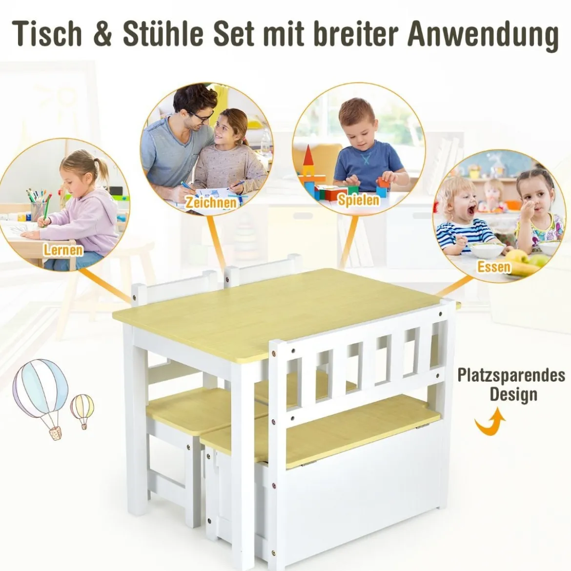 4-teiliges Tisch- und Stuhl-Set für Kinder 2 in 1 Set aus Holz für Kleinkinder Natur + Weiß