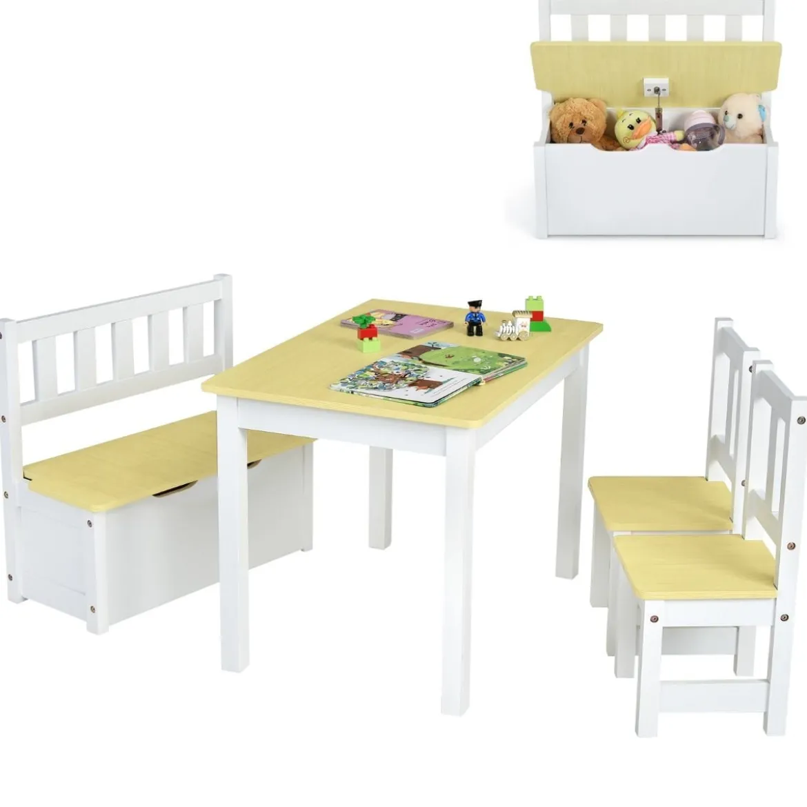 4-teiliges Tisch- und Stuhl-Set für Kinder 2 in 1 Set aus Holz für Kleinkinder Natur + Weiß