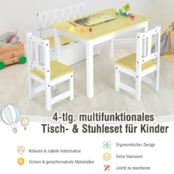 4-teiliges Tisch- und Stuhl-Set für Kinder 2 in 1 Set aus Holz für Kleinkinder Natur + Weiß