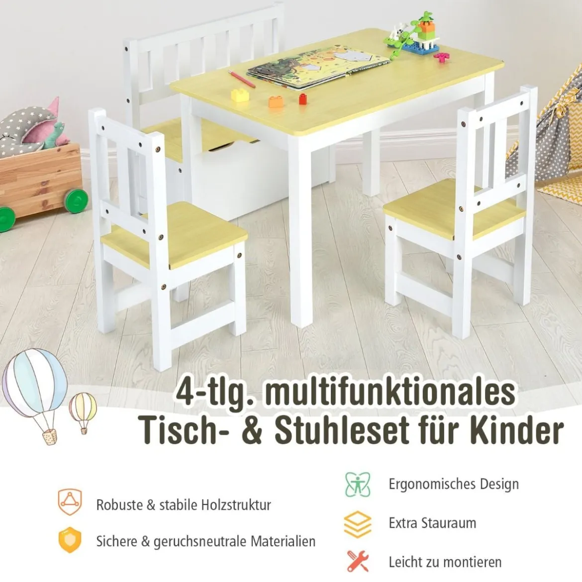 4-teiliges Tisch- und Stuhl-Set für Kinder 2 in 1 Set aus Holz für Kleinkinder Natur + Weiß
